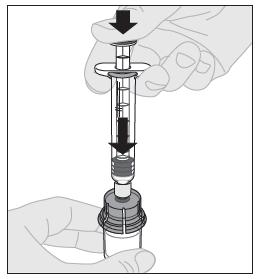 Tryk langsomt stempelstangen ned, så al solvens injiceres i hætteglasset med ALPROLIX. 12.