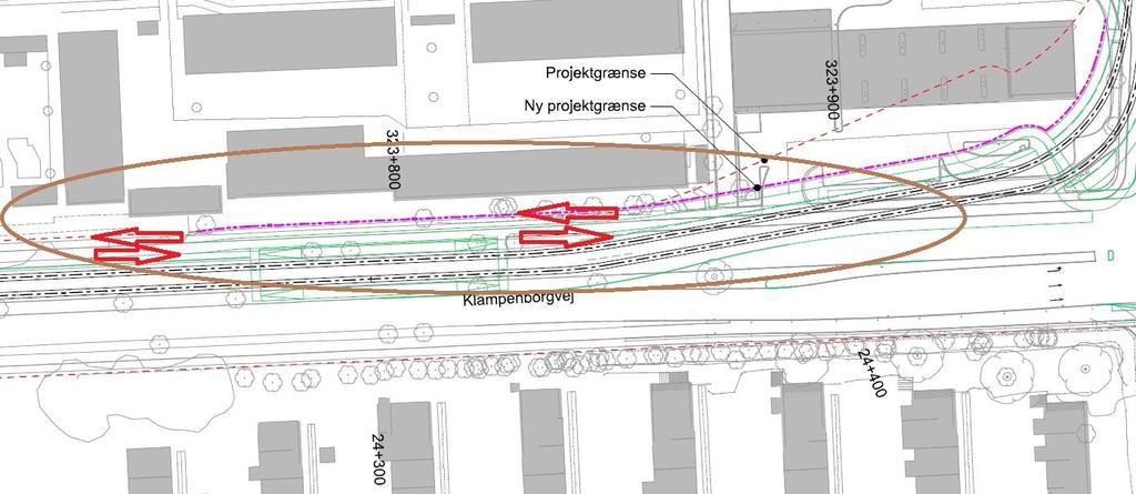 Dobbeltrettet cykeltrafik Problem Den enkeltrettet cykelsti i nordsiden af Klampenborgvej vil meget sandsynlig blive brugt som dobbeltrettet cykelsti, da letbanestationen ligger omtrent midt på