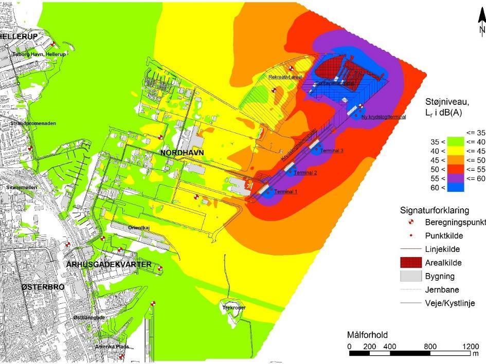 Støjberegninger fra projekt inkl. eksisterende terminaler Stigning i støjen på 2-4 db ved eksisterende boligområder og i de planlagte byudviklingsområder i Nordhavn ift.
