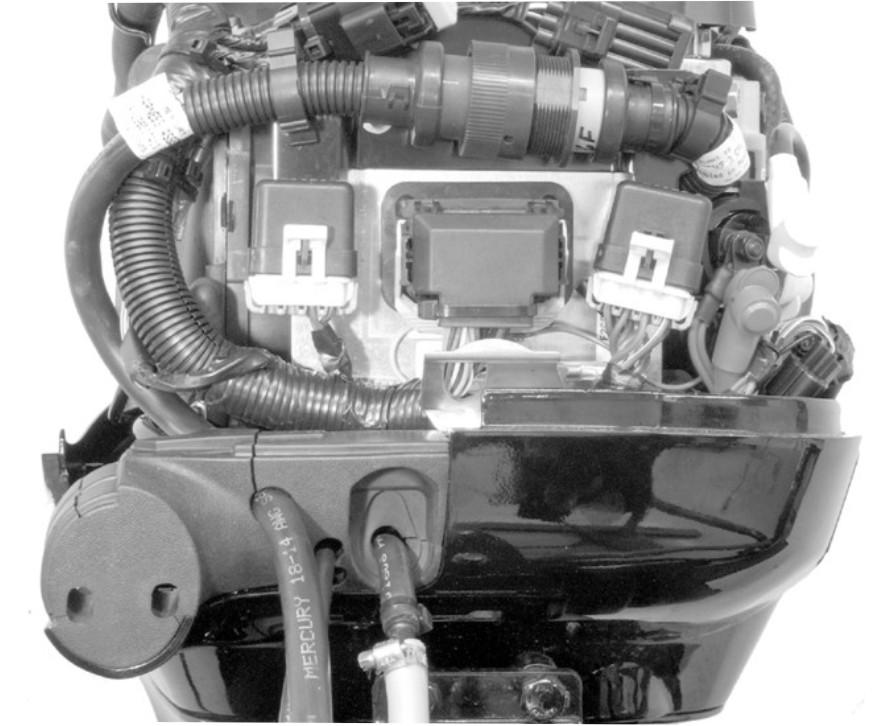 MONTERING AF PÅHÆNGSMOTOREN Slut 14-bens stikket til motorens ledningsnet, og gør ledningsnettet fst med holdeklemmen.