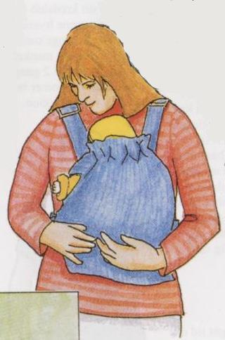BØRN I HJEMMET Tæt på maven, men længere fra ryggen Når barnet er helt lille, kan du bære det sådan. Når barnet bliver lidt større og tungere, skal du bære det på ryggen.